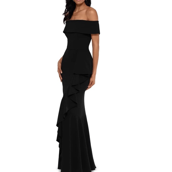 NEW Betsy & Adam BLACK Carina OFF THE SHOULDER Crepe RUFFLE Mermaid GOWN - Picture 4 of 13